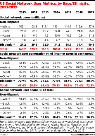 US Social Network User Metrics, by Race/Ethnicity, 2013-2019