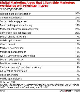 Digital Marketing Areas that Client-Side Marketers Worldwide Will Prioritize in 2015 (% of respondents)