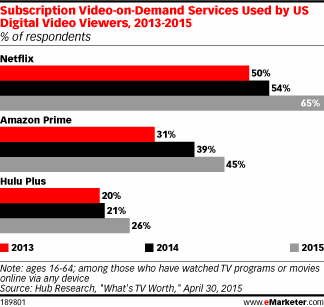 Subscription Video-on-Demand Services Used by US Digital Video Viewers, 2013-2015 (% of respondents)
