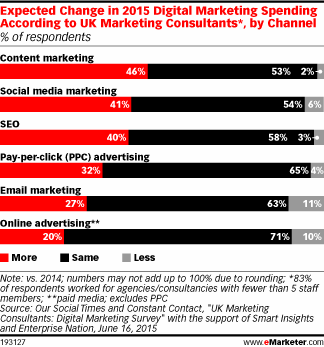 Expected Change in 2015 Digital Marketing Spending According to UK Marketing Consultants*, by Channel (% of respondents)