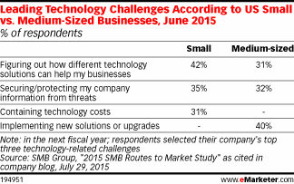 Leading Technology Challenges According to US Small vs. Medium-Sized Businesses, June 2015 (% of respondents)