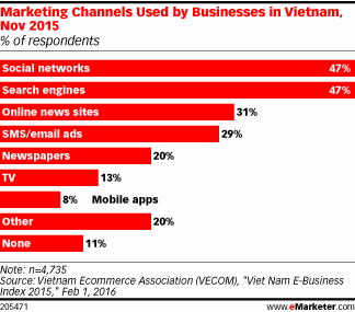Marketing Channels Used by Businesses in Vietnam, Nov 2015 (% of respondents)