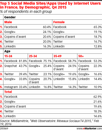 Top 5 Social Media Sites/Apps Used by Internet Users in France, by Demographic, Q4 2015 (% of respondents in each group)