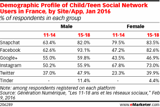 Demographic Profile of Child/Teen Social Network Users in France, by Site/App, Jan 2016 (% of respondents in each group)