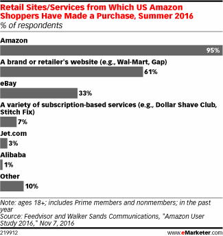 Retail Sites/Services from Which US Amazon Shoppers Have Made a Purchase, Summer 2016 (% of respondents)