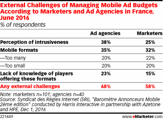 External Challenges of Managing Mobile Ad Budgets According to Marketers and Ad Agencies in France, June 2016 (% of respondents)