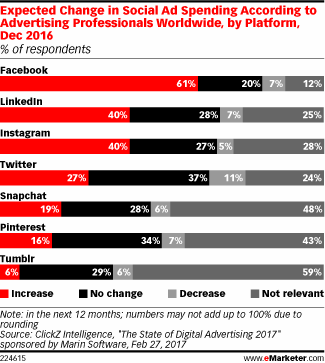 Expected Change in Social Ad Spending According to Advertising Professionals Worldwide, by Platform, Dec 2016 (% of respondents)