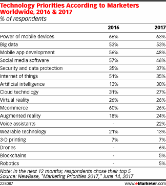 Technology Priorities According to Marketers Worldwide, 2016 & 2017 (% of respondents)