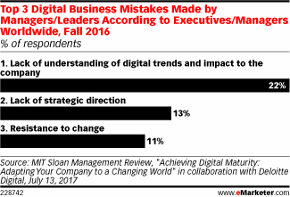 Top 3 Digital Business Mistakes Made by Managers/Leaders According to Executives/Managers Worldwide, Fall 2016 (% of respondents)